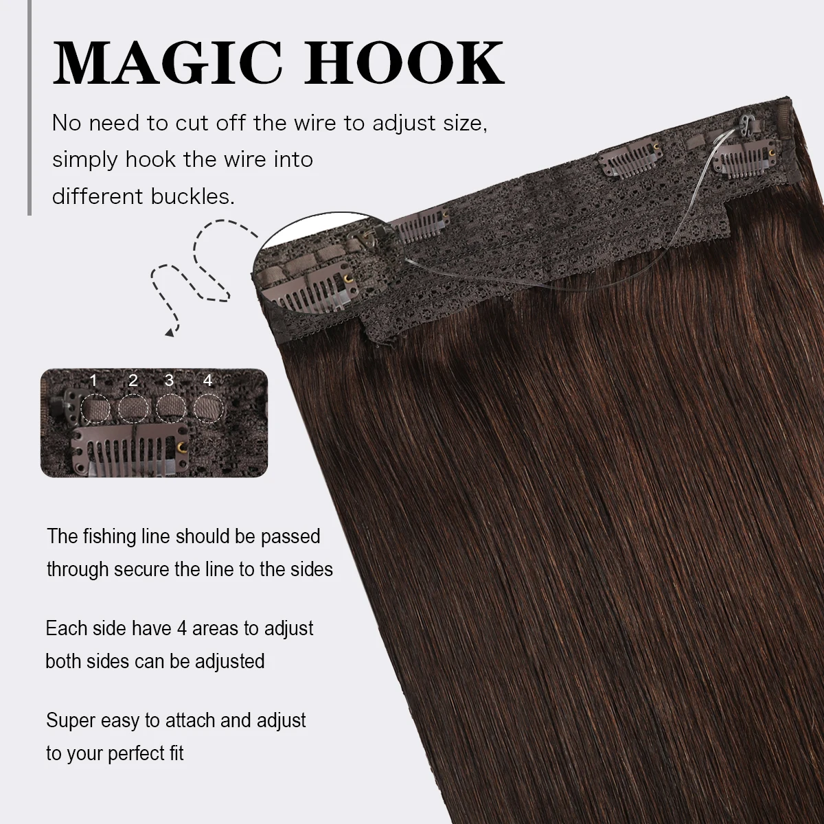 Invisible Wire Hair Extensions Real Human Hair 12-24Inch Dark Brown Transparent Fish Line Clip-Ins Hair Piece 100% Remy Huma - view 2
