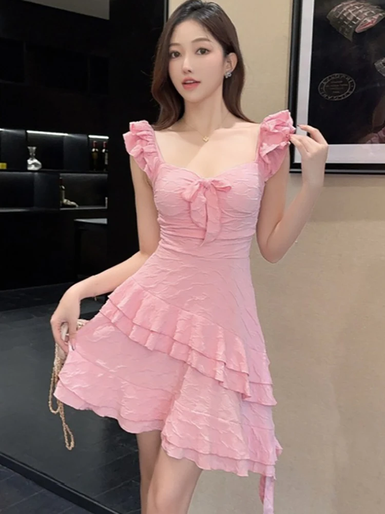 

Women Pink Bow Square Collar Kawaii Short Dress 2026 New Elegant Ruffled Casual Mini Dress Spring Summer Korean Bodycon Vestidos