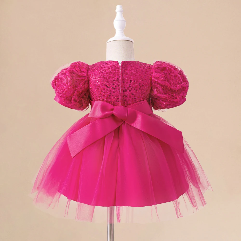 Sequin Shining Princess Gown For Girls Baby Lace Birthday Tutu Dress Toddler Girl Bow Wedding Evening Clothes Kids Hot Pink Wear