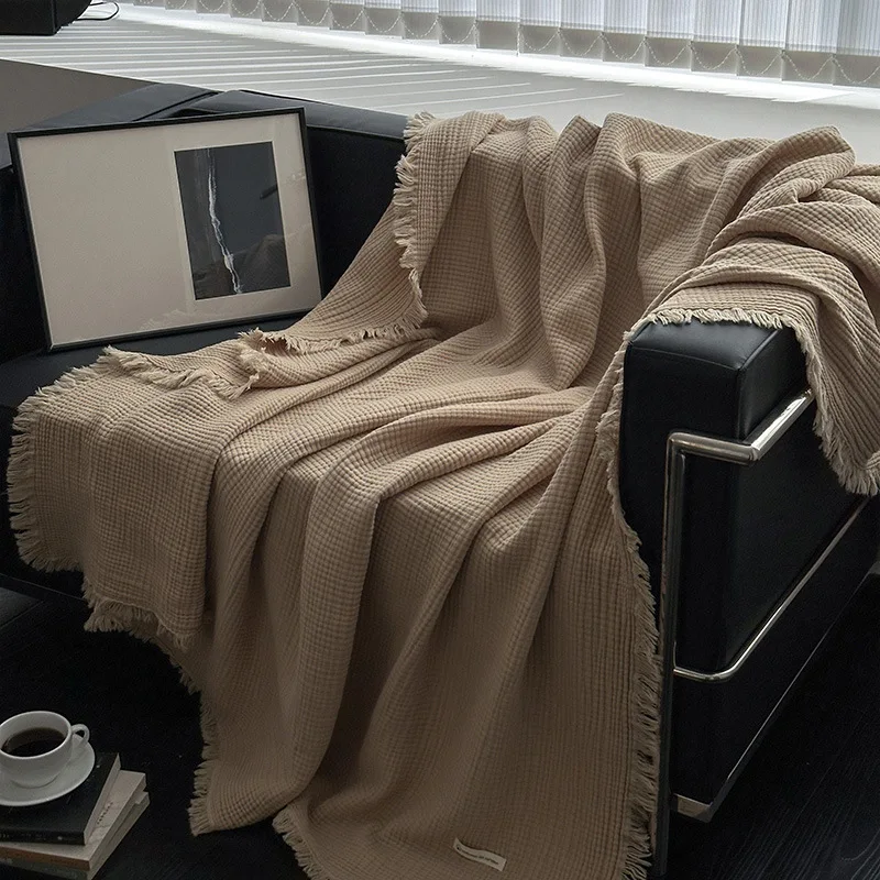 

100% Cotton Gauze Blanket with Tassels - Lightweight Luxury Throw, Maillard Colors, Breathable, Safe A-Class Sofa Blanket