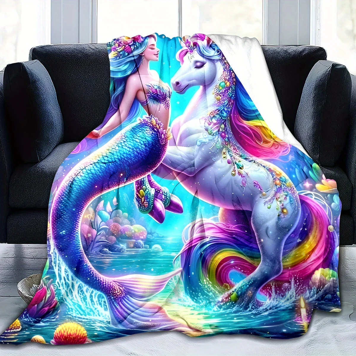 

1pc "Magical Encounter: Mermaid and Unicorn in Fantasy World" - Lightweight flannel blanket for sofa, bed, travel, camping, livi