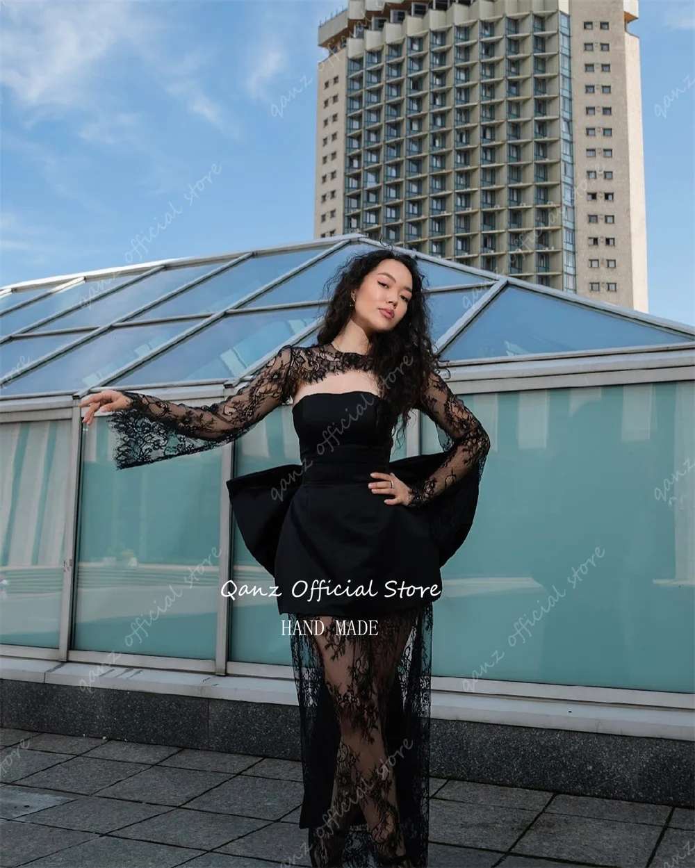 Qanz Black Large Bow Evening Dresses with Jacket Lace Appliaues Wedding Party Dress Illusion Long Party Dresses New Customized