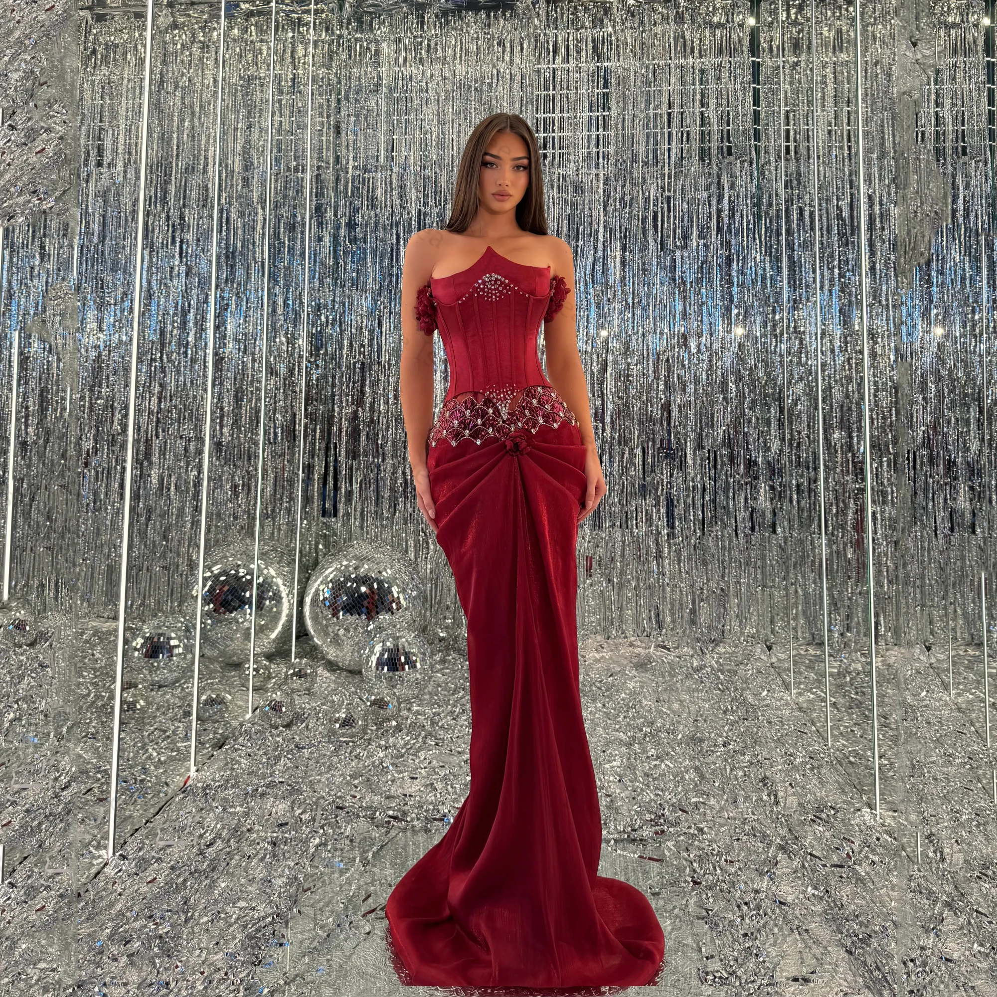 

Elegant Strapless Women Evening Dress with Pleats Sleeveless Sequins Flowers Trumpet Rhinestone Prom Gowns Dress Customized