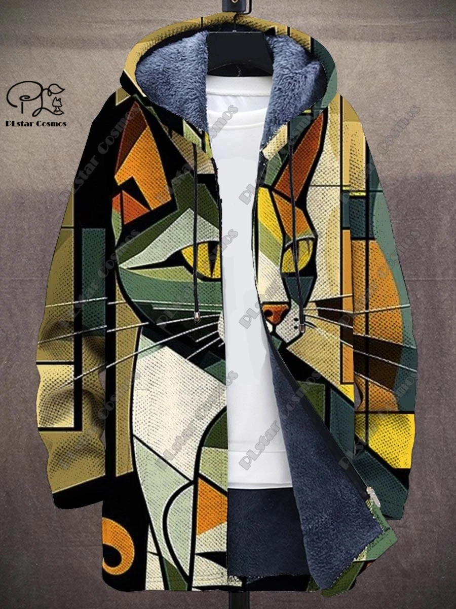 

New 3D printing retro abstract art multi-color winter hooded zipper coat men's women's fleece universal casual warm jacket D-1