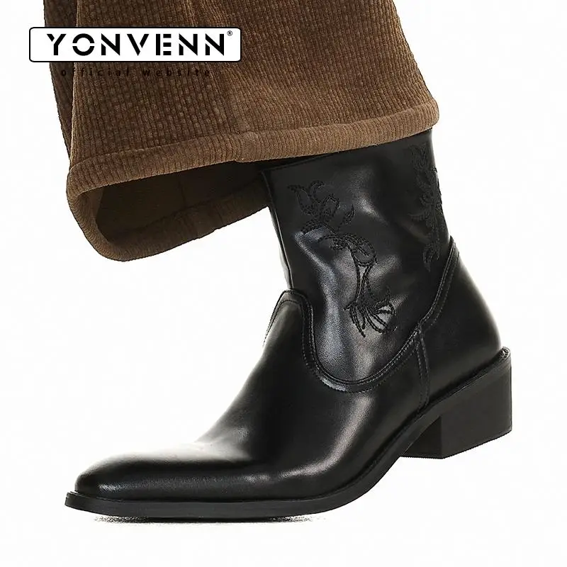 

Pointed black Chelsea boots men's cowhide thick sole with raised embroidery design zipper short leather shoes