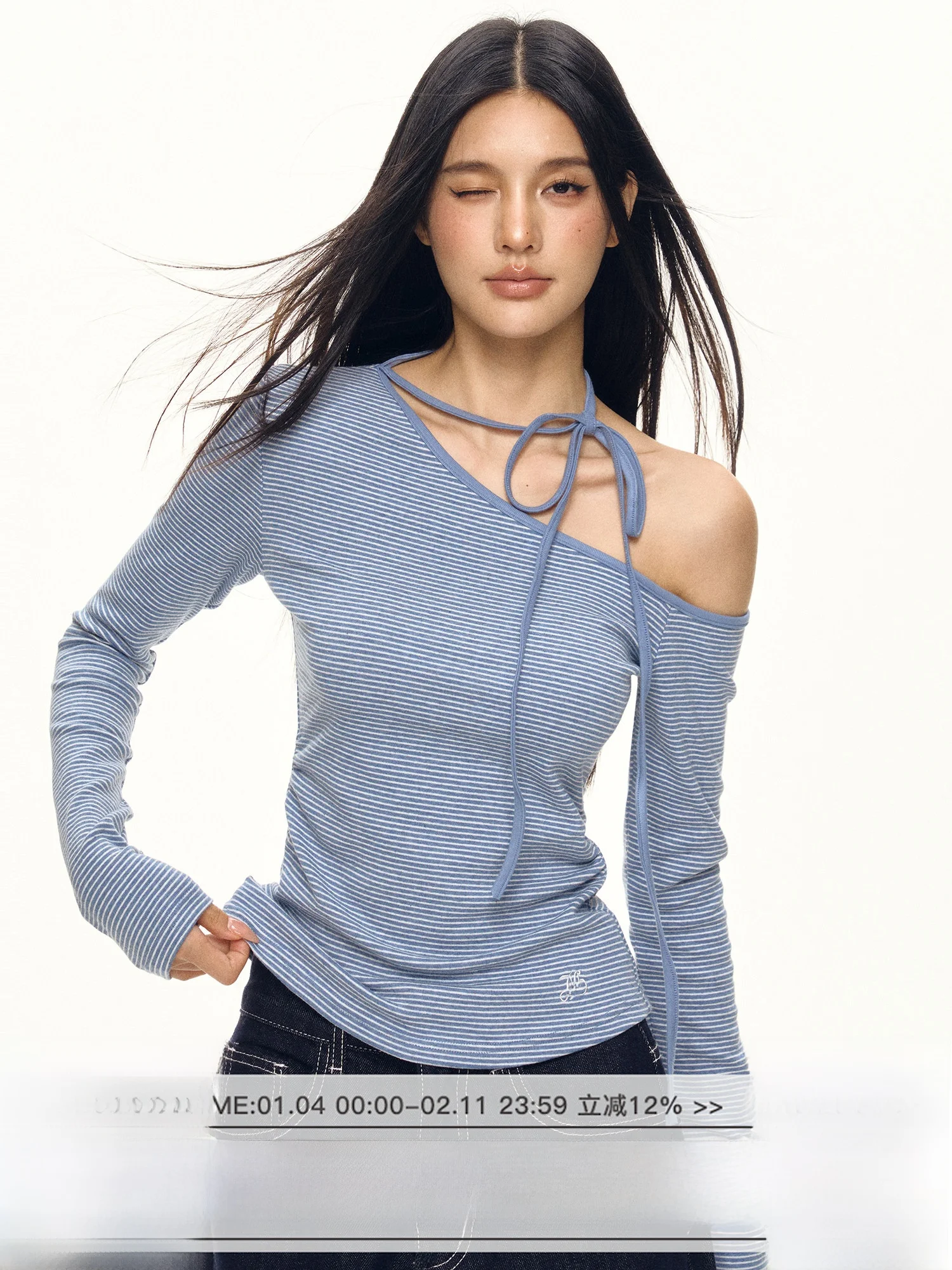 

Blue Striped oulder Bared Long Sve T-irt Women's Slim Fit Summer Knot Design Street Sle Creative Pattern Chinese Brand