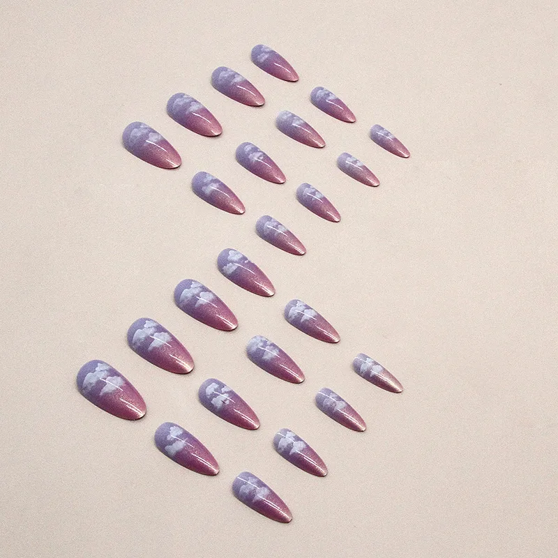 24pcs Dreamy Press-On Nails - Purple to Red Ombré With White Clouds Long Almond Fantasy Sky Style False Nails With Wearing Tools