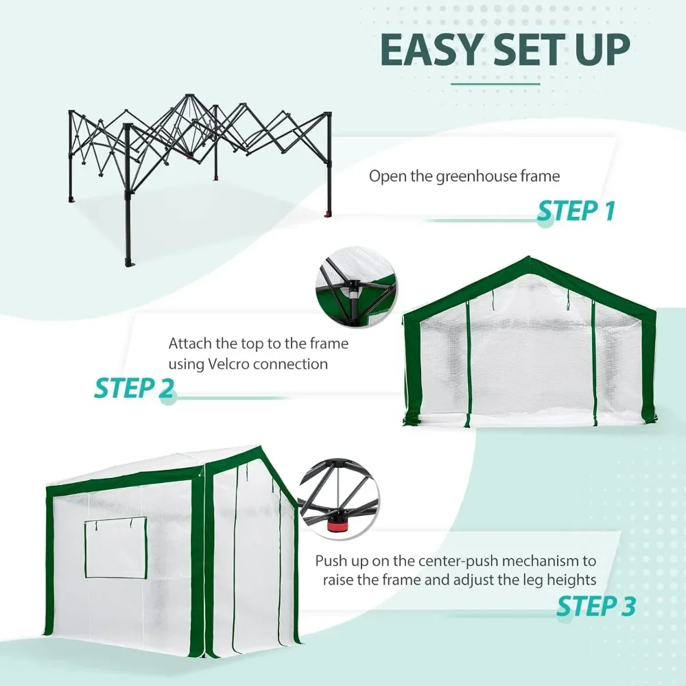 8x8 Green House Instant Pop Up Center Push Walk-in Greenhouse Roll-up Door 3 Roll-Up Mesh Windows UV Resistant Easy Setup