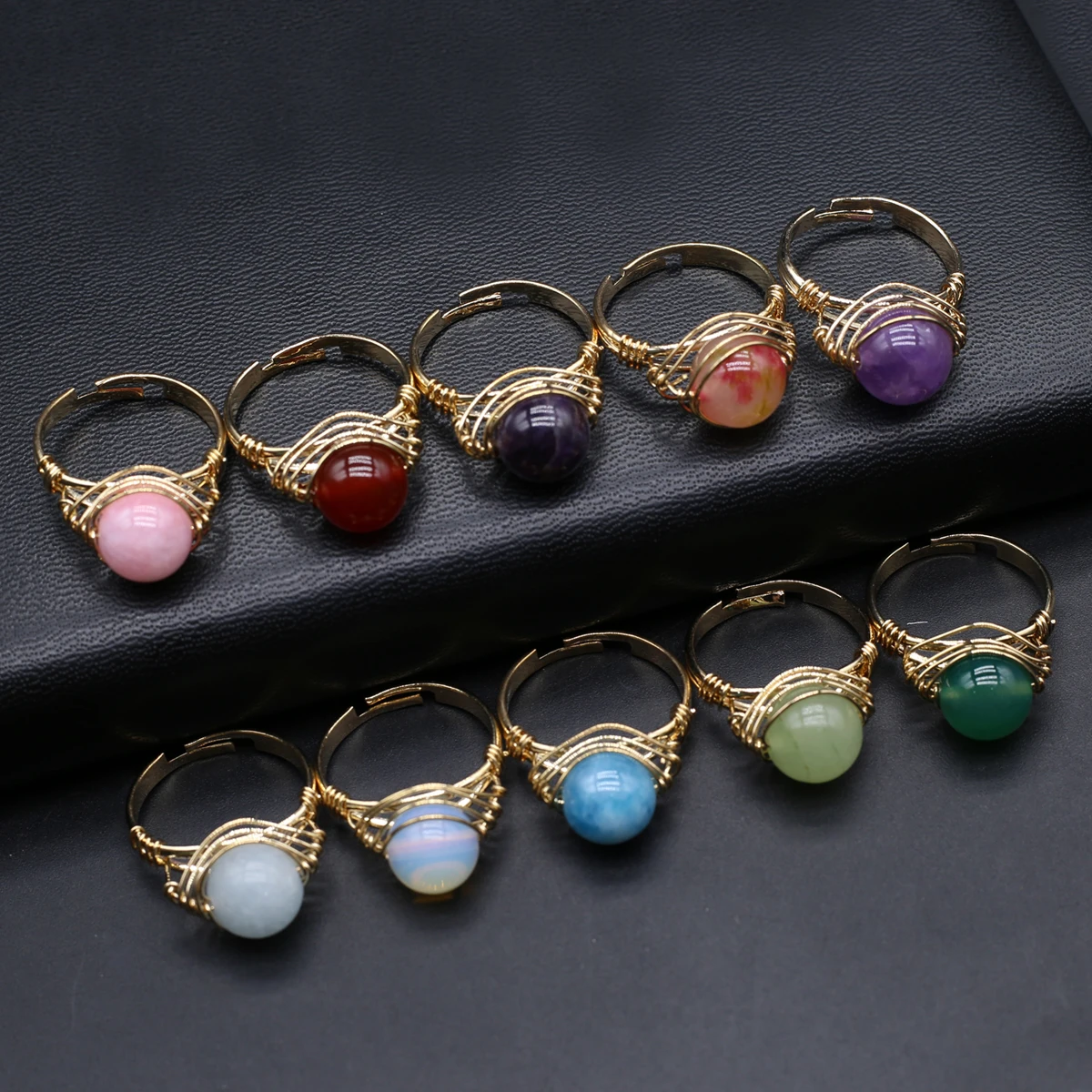 2/5pcs Round Natural Stone Crystal Agate Ring for Women Stainless Steel Gold Color Adjustable Open End Ring Jewelry Accessories