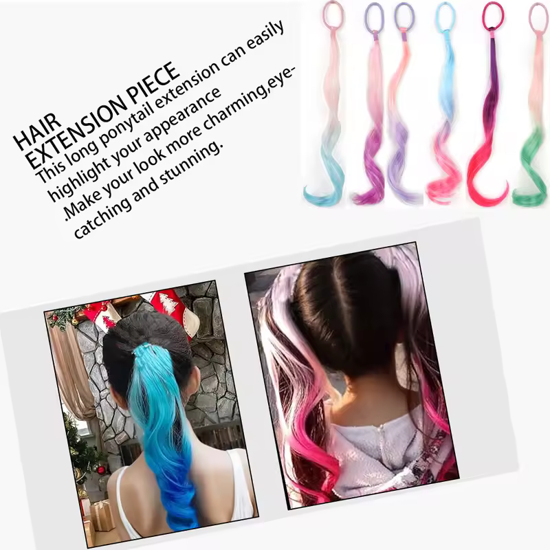 Colored Hair Extensions Synthetic 14"  Lightweight Colored Hair Extensions for Kids Curly Ponytail Extension with Elastic Tie - Image 5