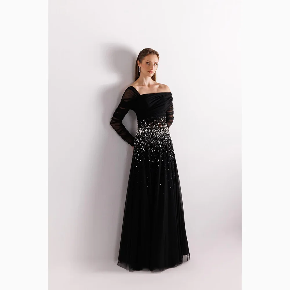 

Черные вечерние платья на одно плечо длиной до пола, платье для выпускного вечера с кристаллами и жемчугом, прямое вечернее платье для самосовершенствования по индивидуальному заказу 2026