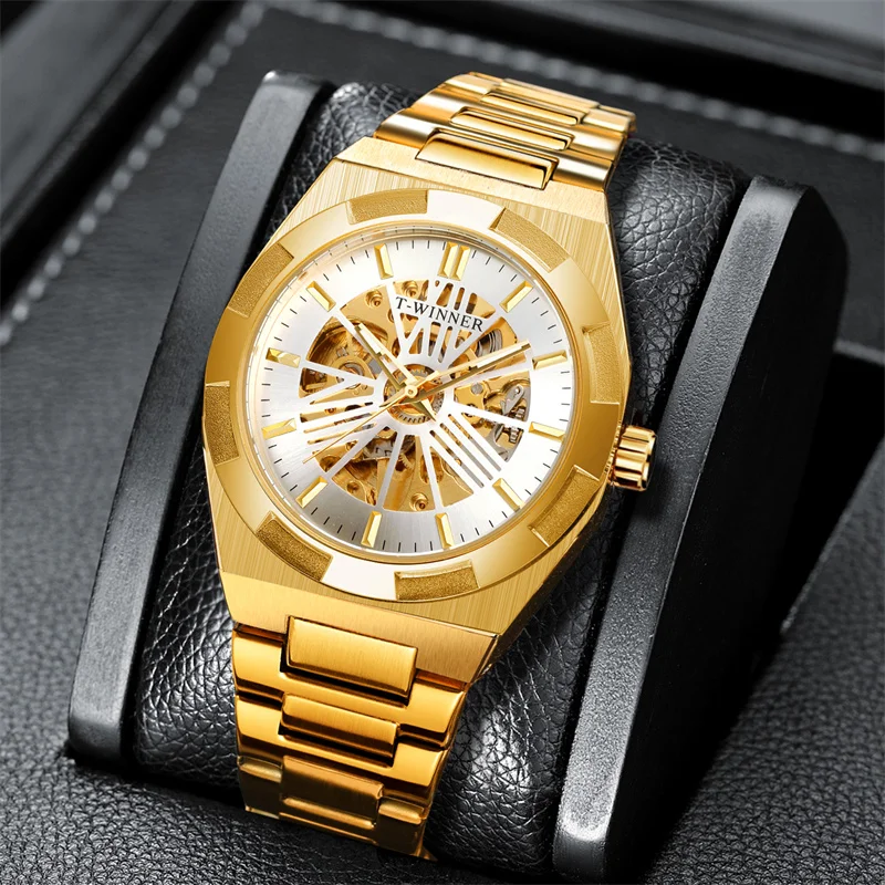 T-winner Men Automatic Mechanical Watches Male Luxury Sainless Steel Strap Hand Clock Skeleton Design Waterproof WristWatch