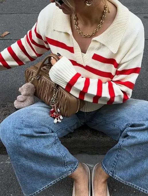 سترة محبوكة مخططة بتصميم جديد لخريف 2025 للنساء، سترة محبوكة عصرية، كاجوال، بسيطة، بأكمام قصيرة #4