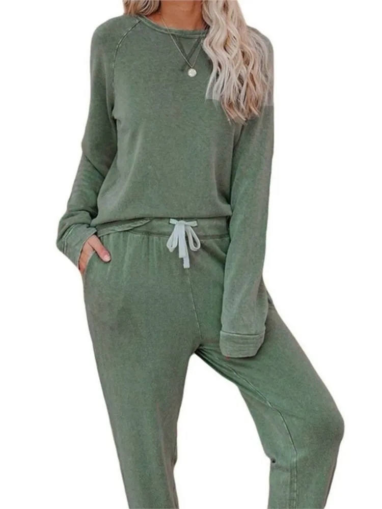

2025 Autumn New Casual Long-sleeved Trousers Home Suit For Women Comfortable Solid Color Top Drawstring Pants Two-piece Set