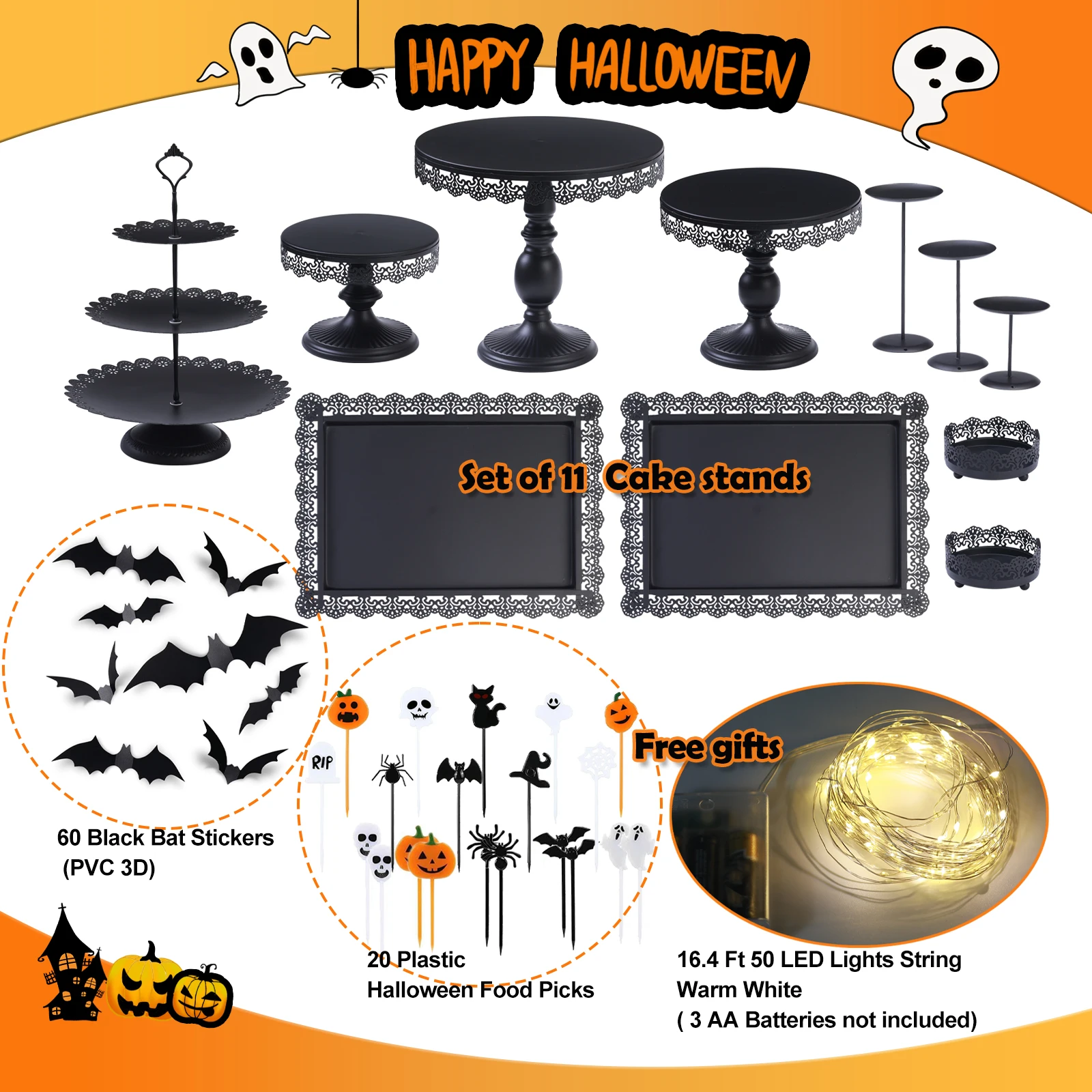 

11Pcs Black Cake Stand Set with Halloween Decorations- LED String Lights, Dessert Table Display Set, Cupcake Stands for Party