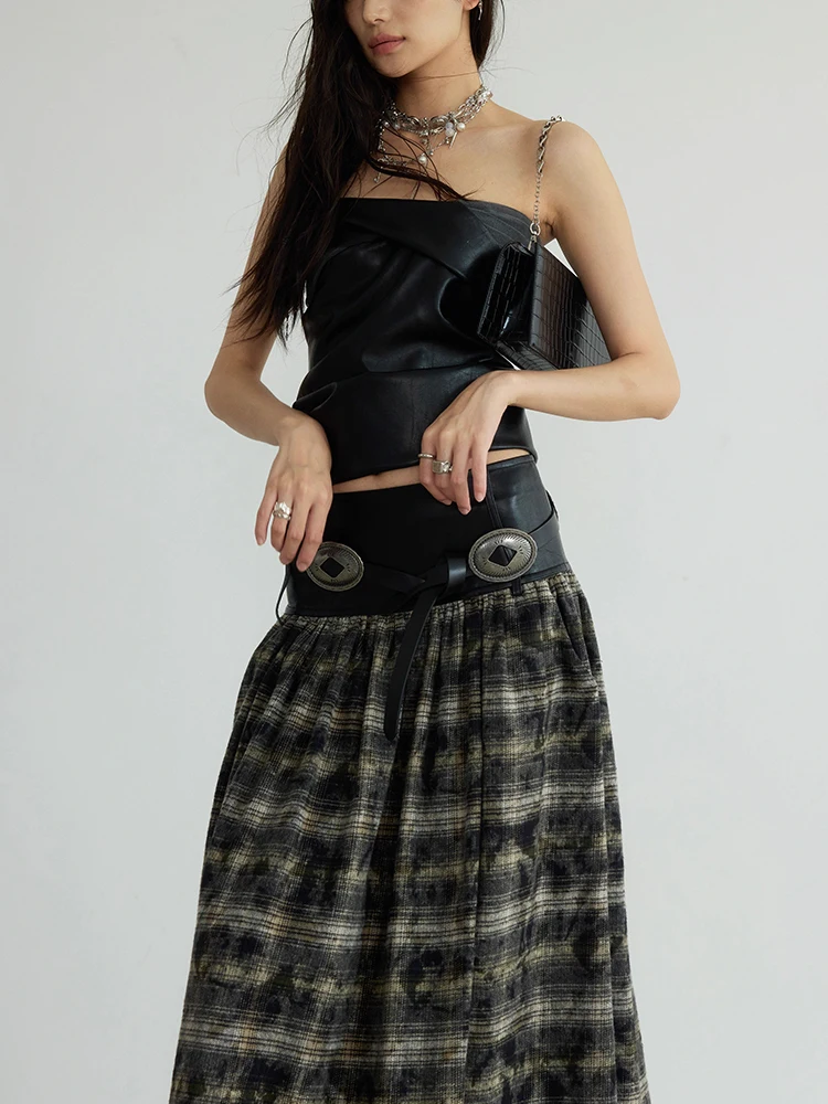 TWOTWINSTYLE Colorblock Plaid Vintage Skirt For Women High Waist Spliced Belt Loose Casual Temperament A Line Skirts Female New