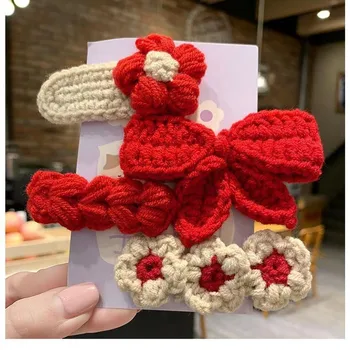 4Pcs Cute Knit BB Hair Clips, Handmade Flower Border Clips,Bow Bang Clips for…