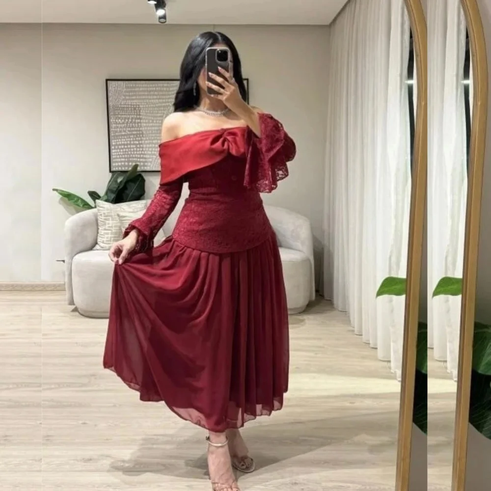 

Customized Chiffon Lace Pleat Off-the-shoulder A-line Midi Dresses Bespoke Occasion Wedding Guest Dress Elegant Party Gown