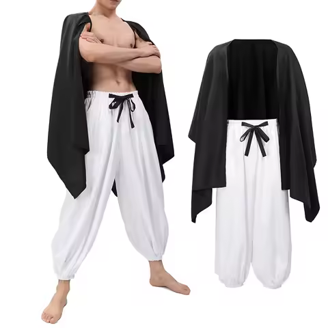 DAZCOS Men's Sukuna Full Cosplay JJK Costume Male Black Cape Pants with Face Cover Stickers US Size Adult Mens Cape Pants