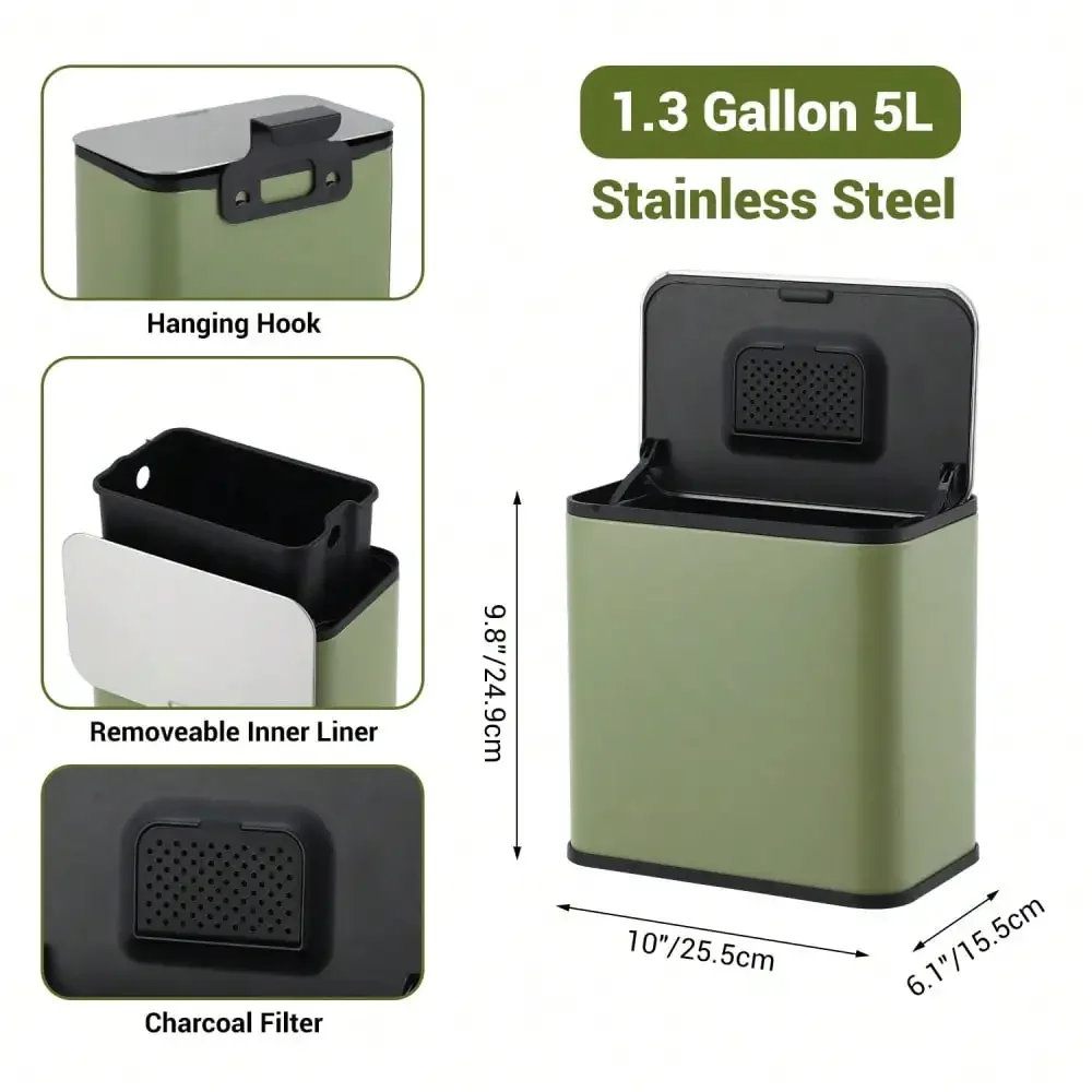 1.3 Gallon / 5 Liter Kitchen Compost Bin Hanging Trash Can With Lid Stainless Steel Garbage Can With Removable Inner Bucket And Hanging Hook, Charcoal Filter Lid For Offices,Kitchen & Bathroom