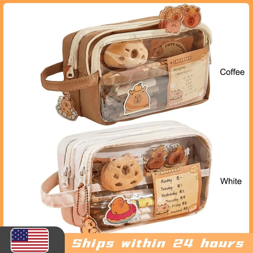 

Прозрачный пенал-косметичка Capybara Kawaii с отделениями и подвеской-стикером для офиса и школы