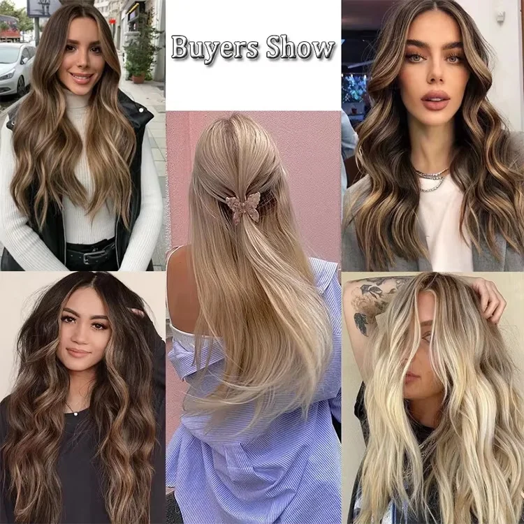 Realistisch aussehende Körperwelle gemischte Perücke 13x4 Ombre Golden Blonde Highlight Lace Frontal Perücke Hitzebeständige Frauen Geschenk Perücke täglich
