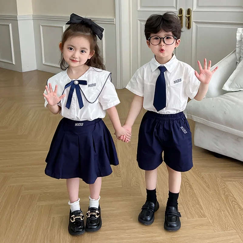 Elementary School Student Clothes Brother and Sister Matching Outfits Girls Blouse Skirts Sets Boys Shirts Shorts 2 Piece Suit