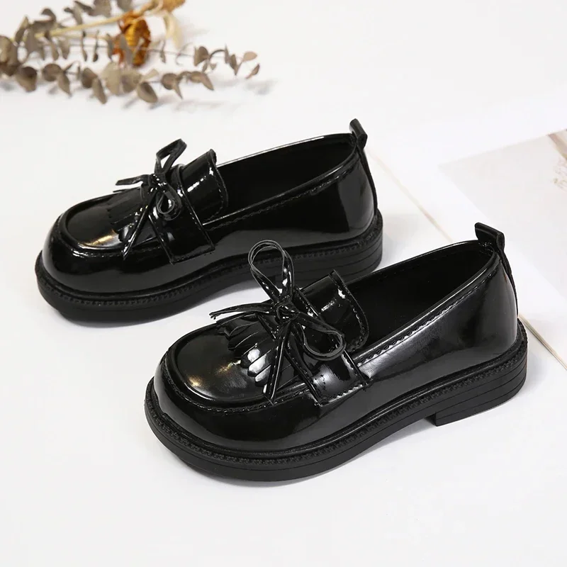 Girls Leather Shoes for Party Wedding Children Loafer for School Soft Soles Simple Kids Fashion Tassels Bow Non-slip Casual Shoe