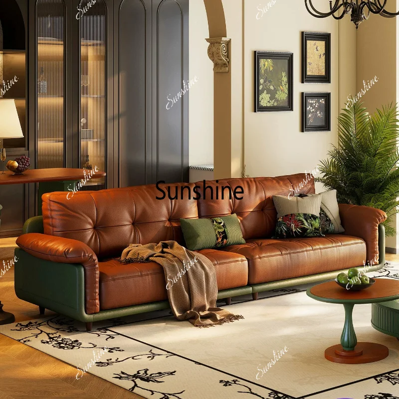 French retro leather sofa straight row living room simple and modern