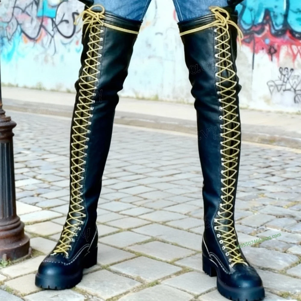 

Black Men's Big Boots Yellow Rope Thigh High Knight's Boots Cool Cow Boy Round Toe Shoes for Men Shoes Zapatos Para Hombres