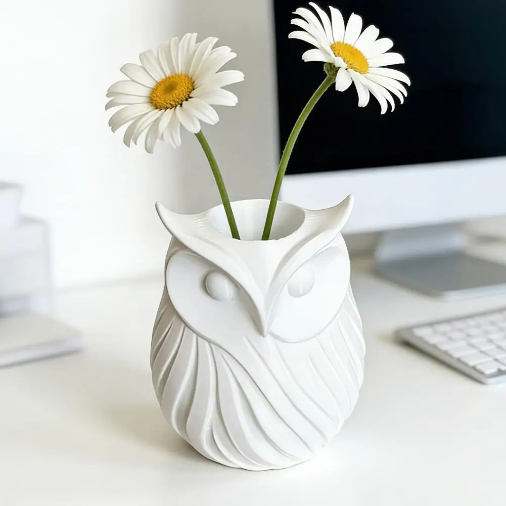 3D Printed Owl Pen Holder, 2 in 1 Flower Vase Desk Organizer, Cute Plastic Makeup Brush Holder, Home Office Decor