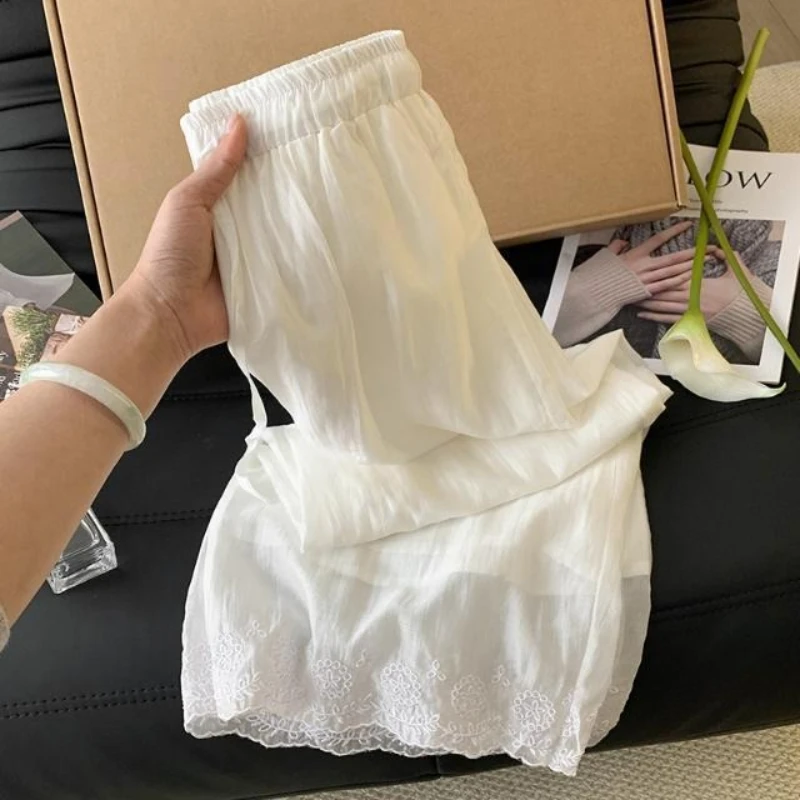 White new Chinese style embroidery lace splicing straight leg pants women's summer casual versatile thin style wide leg pants