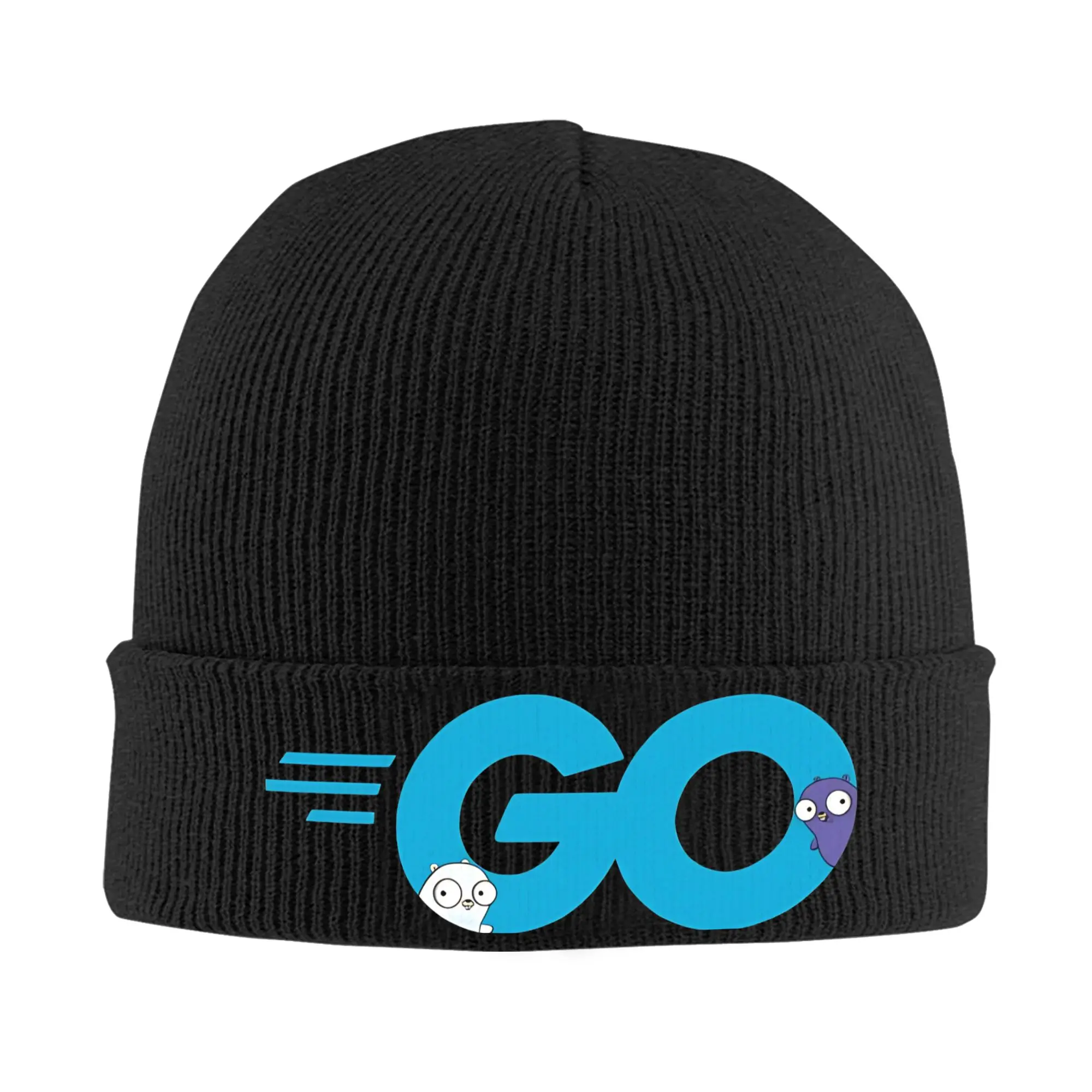 Golang Go Logo with Embedded Gopher Mascots  Knit Cuff Beanie For Men Women  Winter Warm Skullies Knitted Caps