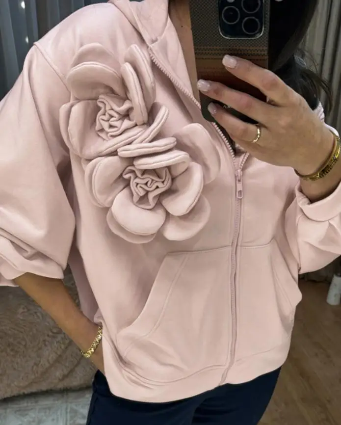 3D Flower Decorated Hooded Jacket with Casual Zipper and Loose Front Pocket, Autumn Fashionable Solid Color Personalized Jacket