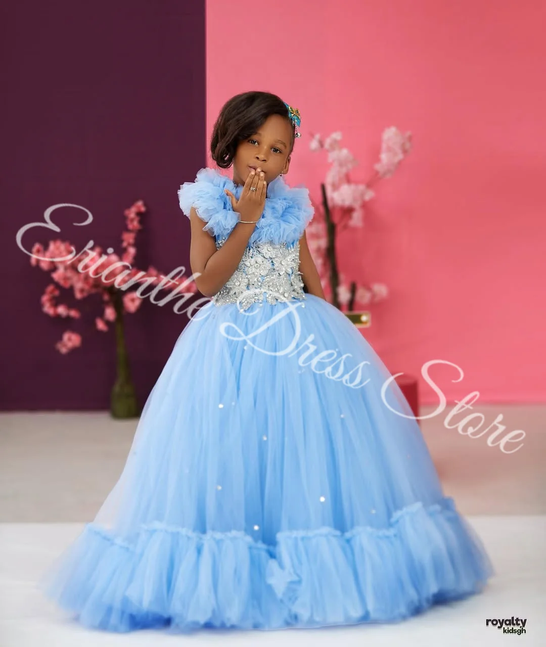 Elegant Sky Blue Tulle Puffy Applique Flower Girl Dress For Wedding Kids Birthday Party First Communion Ball Gowns Customized