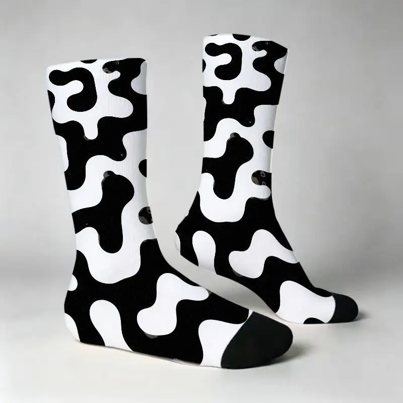 Blended Fabric Mid-Calf Socks Novelty 3D Full Printed Black and White Cow Pattern Socks Funny Fashion Graphic Daily Wear