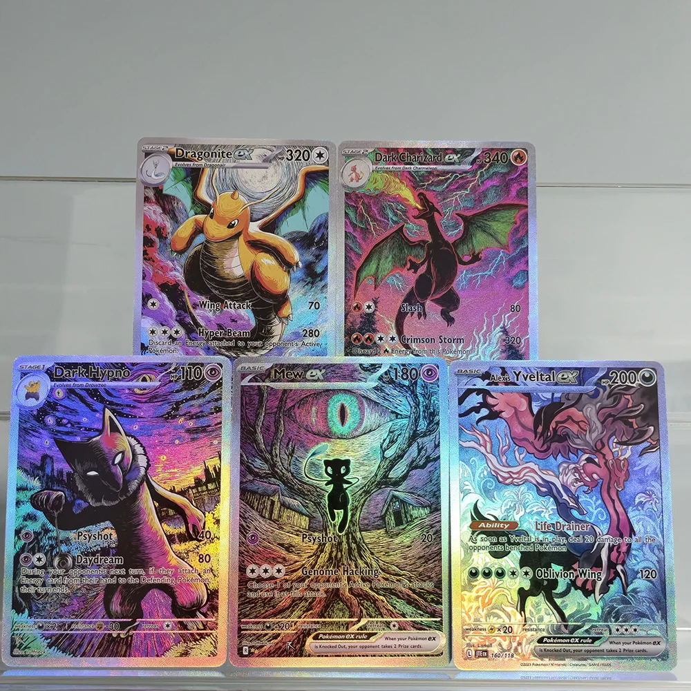 

Самодельная коллекционная карточка-игрушка PTCG: Алекс, Ивельтал, Тёмный Чаризард, Тёмный Гипно, Драгонайт, Мью — милая и необычная фан-арт карточка