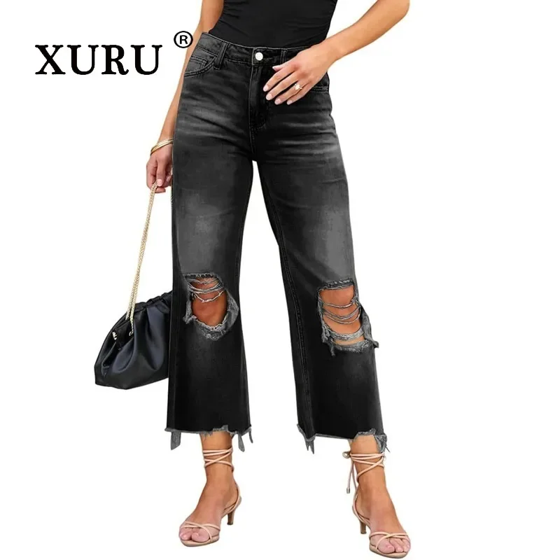 

XURU-Women's Distressed Jeans, High Quality Straight Loose Sexy Long Jeans, European and American Wear, K5-6613