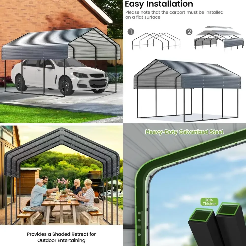 

Сверхмощный металлический навес для гаража на открытом воздухе с оцинкованной крышей для автомобилей и лодок, серый, прочное решение для тента