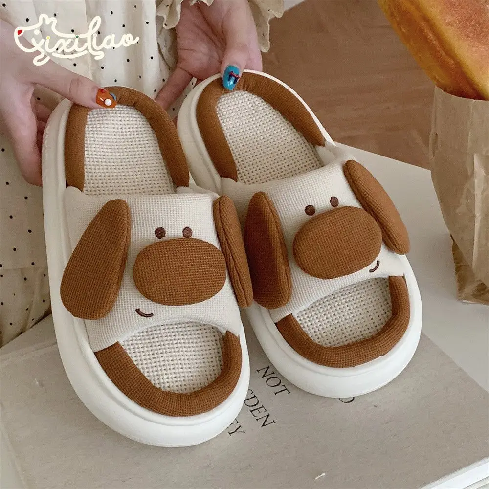 Cute Animal Odorless EVA Linen Slipper for Women Designer Lovely Dog Autumn Cartoon Home Shoes Slides Thick Sole Couples Sandals