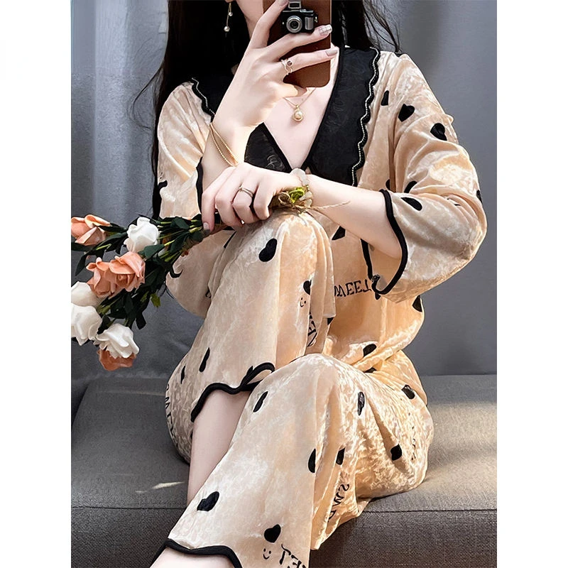 Luxury Designer Clothing Sleepwear Women Pajama Sets Lace Kawaii Clothing Korean Chic Long Sleeve Pants Homewear Sets Pijama