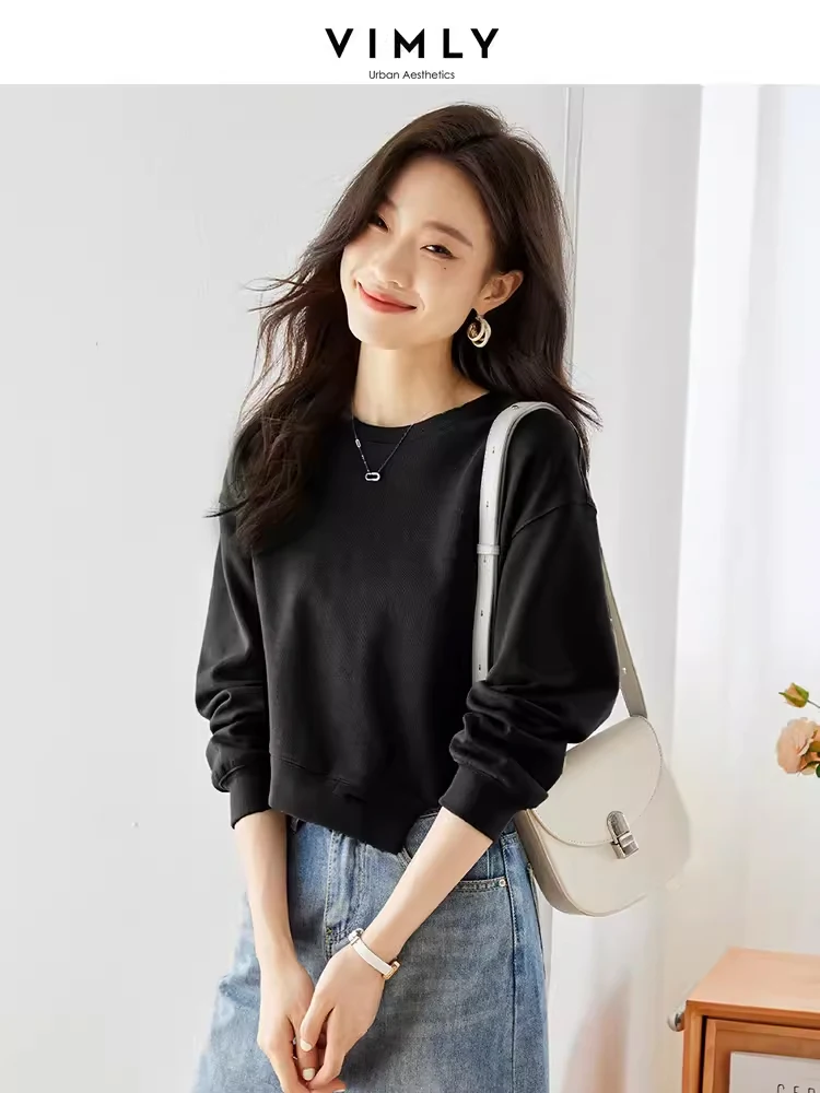 Vimly 2023 Autumm Casual Loose Sweatshirts Women Long Sleeve Crop Tops Round Neck Asymmetrical Hem Pullovers Streetwear M3206