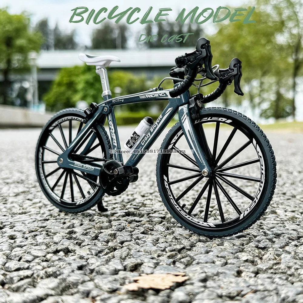 1:8 mini modelo de bicicleta de liga com rack de estacionamento, decoração fundida, metal, montanha, dedo azul, simulação de bicicleta, presentes, brinquedos para meninos
