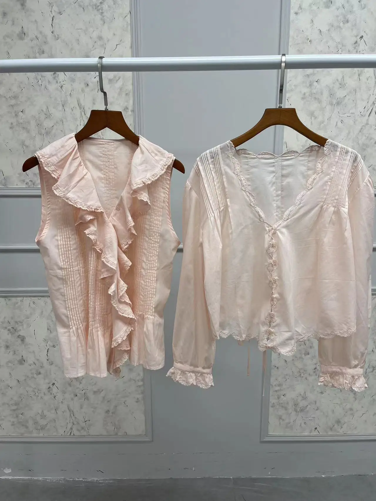 Pink Women 100% Cotton Blouse or Tank Tops 2024 New Embroidery Long Sleeve Lace-Up Shirt Lace Ruffles Sleeveless Pleated Vest