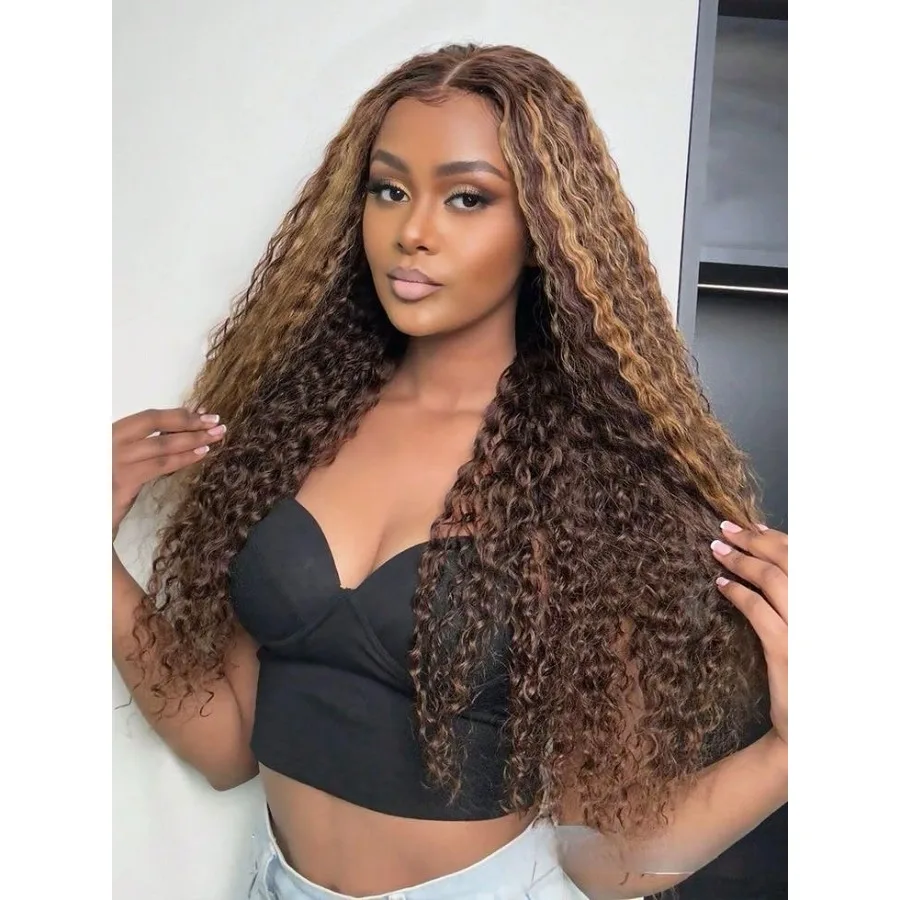 باروكات صناعية بدانتيل أمامي مقطوعة مسبقًا 13x4x1 الجزء الأوسط باروكات مموجة طبيعية بدون صمغ للنساء السود تسليط الضوء على أشقر بني مختلط