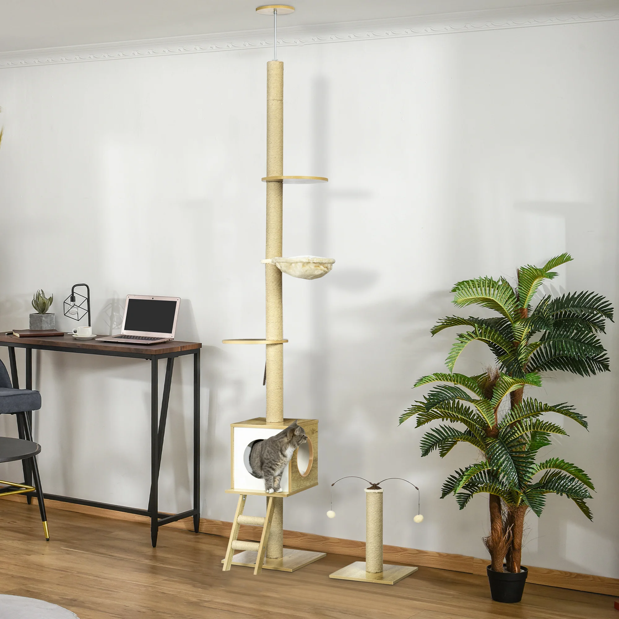 PawHut Árbol para Gatos del Suelo al Techo 220-260cm con Altura Ajustable Caseta