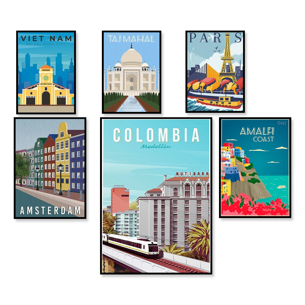 Cambodia, Amalfi Coast, Amsterdam, Paris, Taj Mahal, Hawaii, Egypt, Mexico, Vietnam, Seville Spain, Athens city travel poster