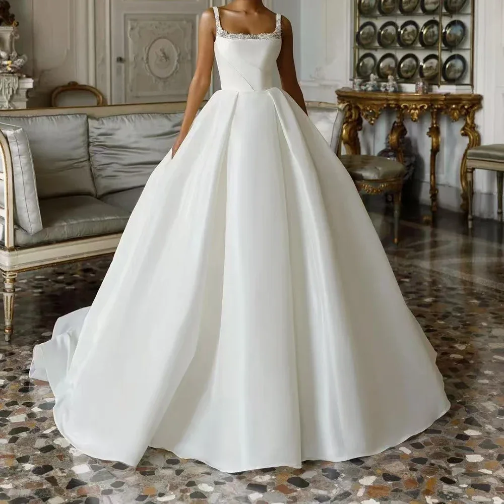 Sem mangas elegante branco a linha vestido de casamento 2025 frisado gola quadrada cetim vestido de noiva princesa personalizado vestido de noiva