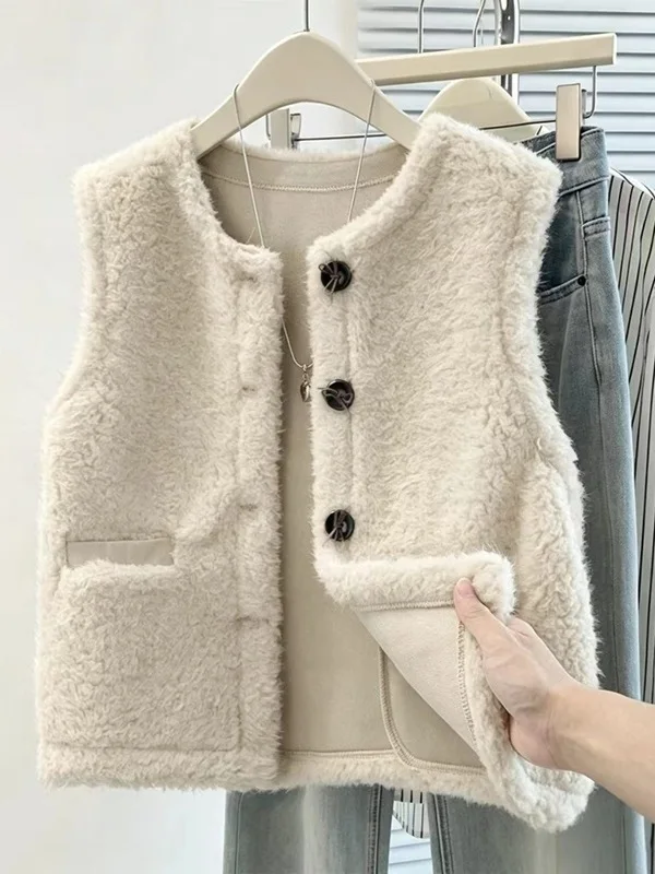 Women's Loose Fit Lightweight Warm Camel  Velvet Vest Shoulder Open Coat No Sleeve Outerwear Fashionable Casual Style