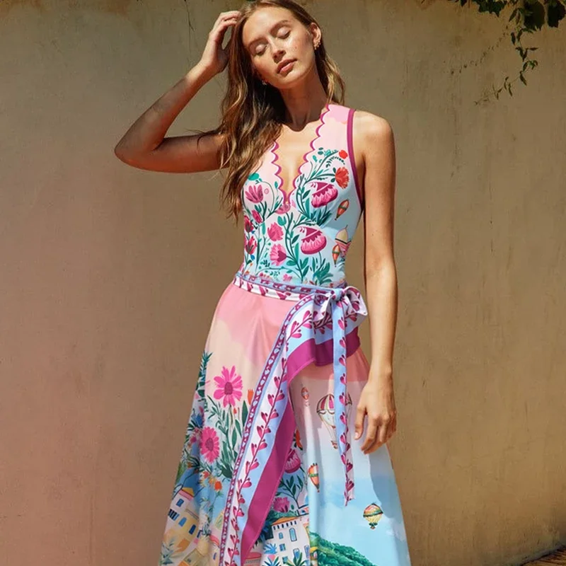 Damski strój kąpielowy i spódniczka, seksowny jednoczęściowy strój kąpielowy z nadrukiem, dekolt w serek, monokini, letni strój plażowy z odkrytymi plecami, wyszczuplający kostium kąpielowy.